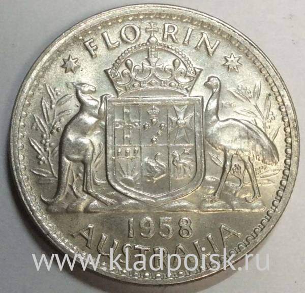 Монета флорин (2 шиллинга) 1958 года Австралия Монета флорин (2 шиллинга) 1958 года Австралия