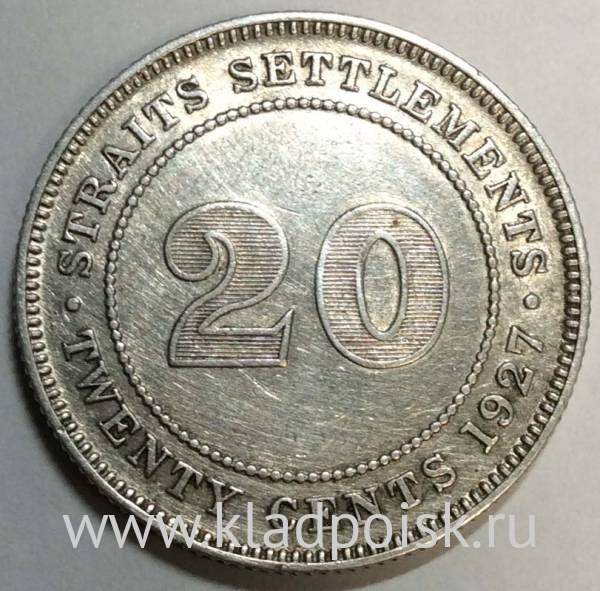 Монета 20 центов 1927 года Стрейтс Сетлментс, Британская колония Монета 20 центов 1927 года Стрейтс Сетлментс, Британская колония