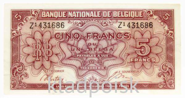 Банкнота 5 франков 1943 года Бельгия Банкнота 5 франков 1943 года Бельгия