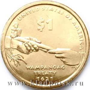 Монета 1 доллар Сакагавея Договор с племенем Wampanoag Монета 1 доллар Сакагавея Договор с племенем Wampanoag