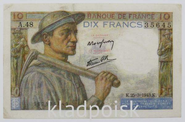 Банкнота 10 франков 1943 года Франция