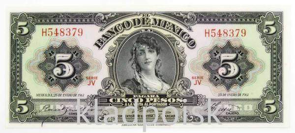 Банкнота 5 песо 1961 года Мексика