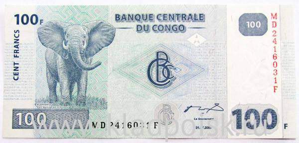 Банкнота Конго 100 франков 2007 года, арт 2