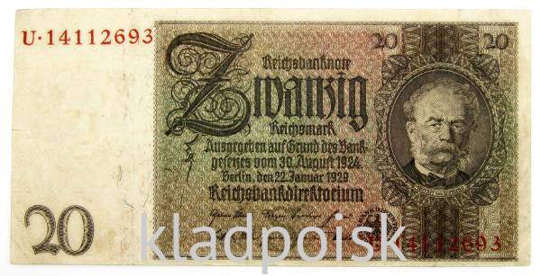 Банкнота 20 рейхсмарок 1929 года - Германия Банкнота 20 рейхсмарок 1929 года - Германия
