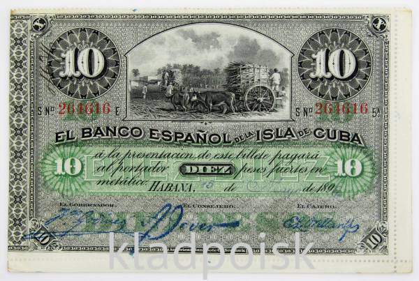 Банкнота 10 песо 1896 года Куба, арт 2