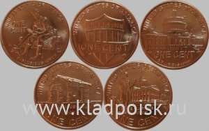 Комплект одноцентовых монет США (5 монет). "Жизнь Линкольна"