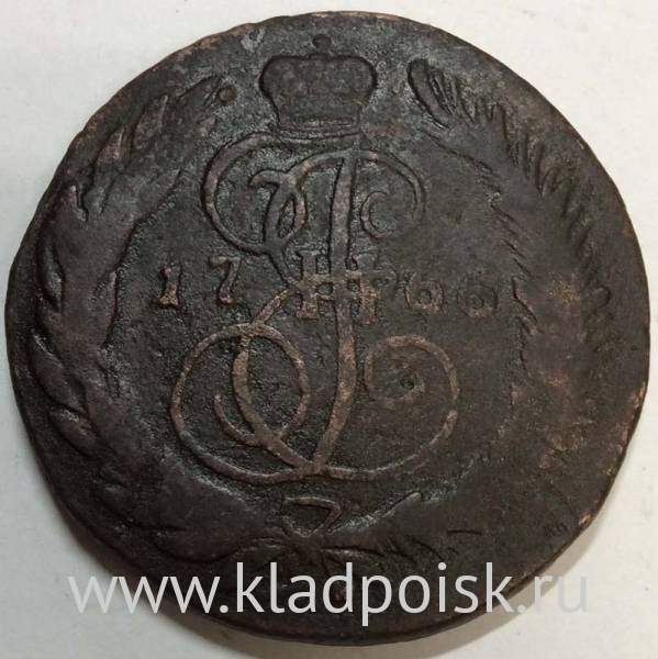 Монета 5 копеек Российской Империи 1766 СПМ, перечекан Монета 5 копеек Российской Империи 1766 СПМ, перечекан