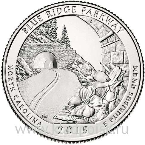 Монета 25 центов Автомагистраль Блу-Ридж, монетный двор P Монета 25 центов Автомагистраль Блу-Ридж, монетный двор P