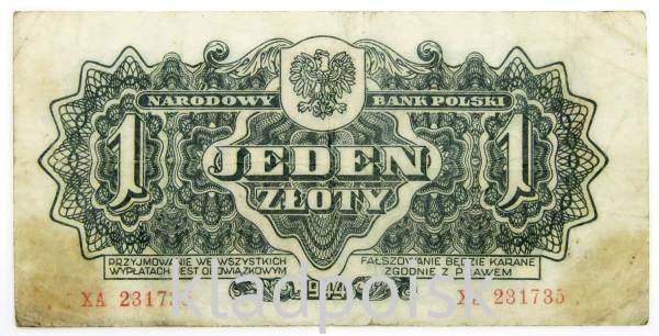 Банкнота 1 злотый 1944 года Польша
