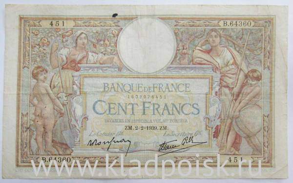 Банкнота 100 франков 1939 года Франция