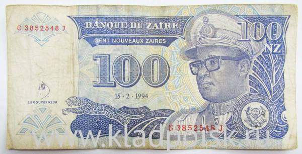 Банкнота 100 новых заиров 1994 года Заир Банкнота 100 новых заиров 1994 года Заир