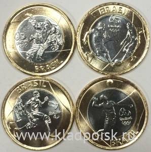 Набор монет Бразилия 1 реал Олимпиада 2016 г в Рио де Жанейро, 3 выпуск - Дзюдо, Футбол, Волейбол, Паралимпийская легкая атлетика, 2015 год Набор монет Бразилия 1 реал Олимпиада 2016 г в Рио де Жанейро, 3 выпуск - Дзюдо, Футбол, Волейбол, Паралимпийская легкая атлетика, 2015 год