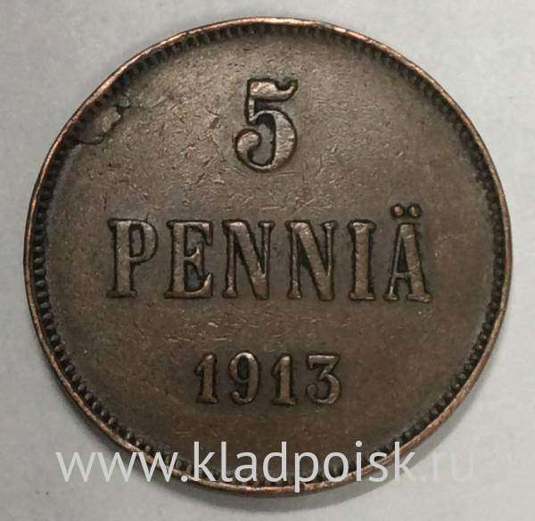 Монета 5 пенни 1913 г. для Финляндии (Николай II) Монета 5 пенни 1913 г. для Финляндии (Николай II)