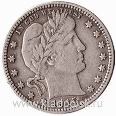 Монета 25 центов США Барбер (Голова Свободы) Серебро 900 пр.(1915) Монета 25 центов США Барбер (Голова Свободы) Серебро 900 пр.(1915)