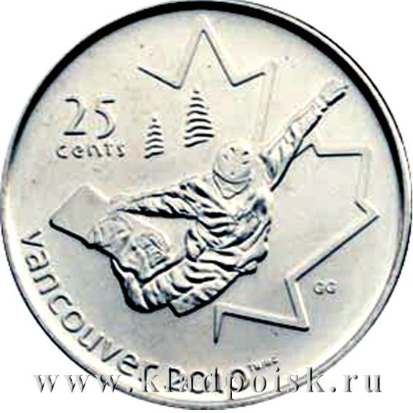 Монета 25 центов Канада, Олимпиада 2010 год Ванкувер – Сноуборд Монета 25 центов Канада, Олимпиада 2010 год Ванкувер – Сноуборд