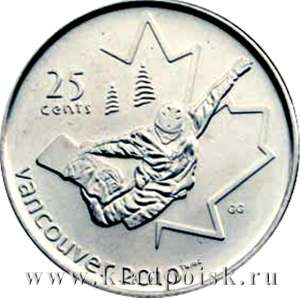 Монета 25 центов Канада, Олимпиада 2010 год Ванкувер – Сноуборд Монета 25 центов Канада, Олимпиада 2010 год Ванкувер – Сноуборд