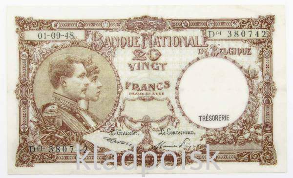 Банкнота 20 франков 1948 года Бельгия