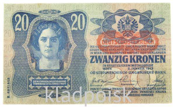 Банкнота 20 крон 1913 года Австрия, с надпечаткой