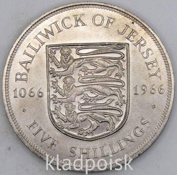 Монета 5 шиллингов 1966 года Джерси - 900 лет битве при Гастинге