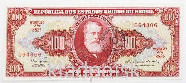 Банкнота Бразилия 100 крузейро 1966 года