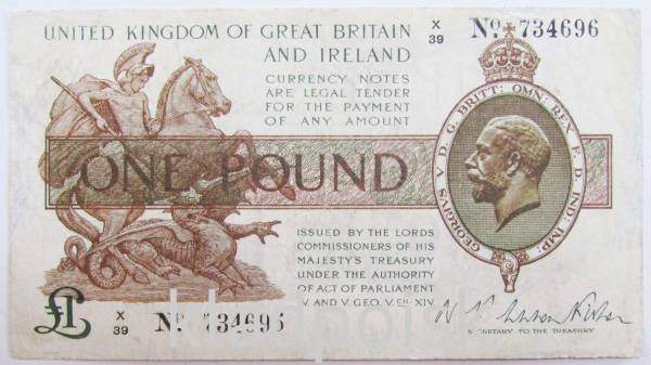 Банкнота 1 фунт 1916 года Великобритания