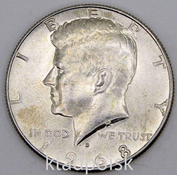 Монета 50 центов США «Кеннеди» 1968 года серебро 400 пробы, арт 6