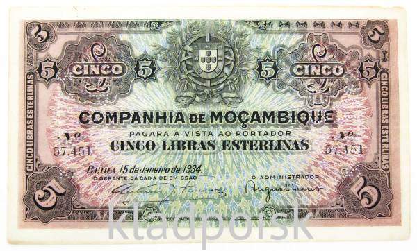 Банкнота 5 либров 1934 года Мозамбик