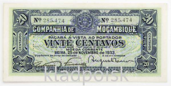 Банкнота 20 сентаво 1933 года Мозамбик
