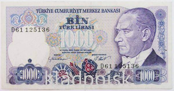 Банкнота 1000 лир 1986 года - Турция, арт 3
