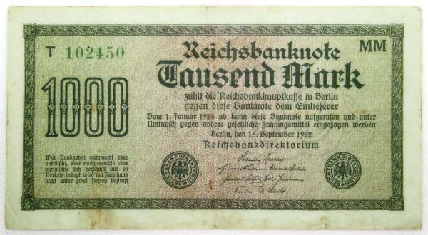 Банкнота 1000 марок 1922 года - Веймарская Республика