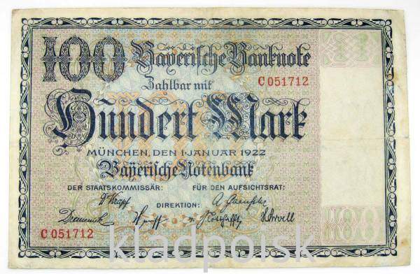 Банкнота 100 марок 1922 года - Веймарская Республика, Баварский банк