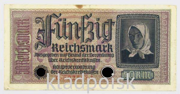 Банкнота 50 рейхсмарок Германия 1940-1945 гг. Немецкие оккупационные территории, арт 2