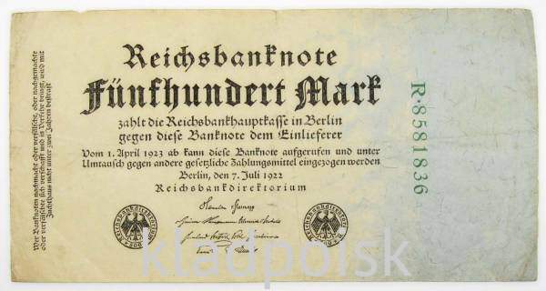 Банкнота 500 марок 1922 года - Веймарская Республика Банкнота 500 марок 1922 года - Веймарская Республика