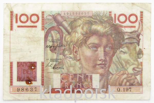 Банкнота 100 франков 1947 года Франция