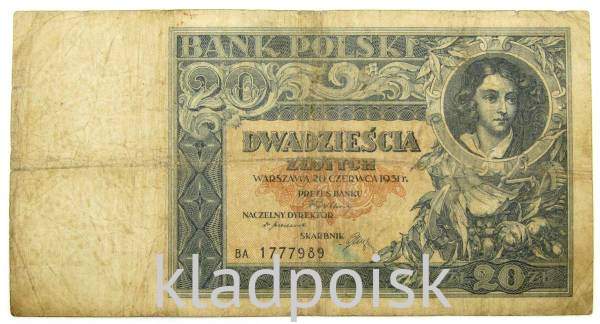 Банкнота 20 злотых 1931 года Польша Банкнота 20 злотых 1931 года Польша