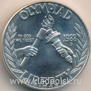 Монета 1 доллар США 1988 года, Олимпийские Игры, Серебро 900 пробы Монета 1 доллар США 1988 года, Олимпийские Игры, Серебро 900 пробы