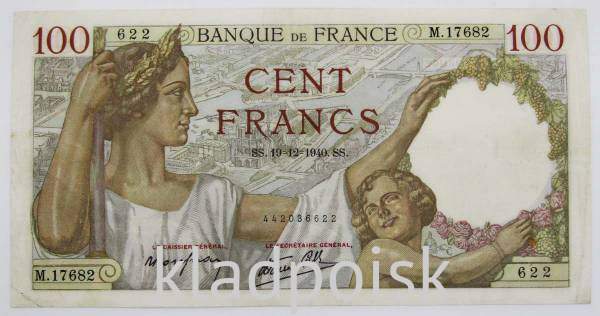Банкнота 100 франков 1940 года Франция