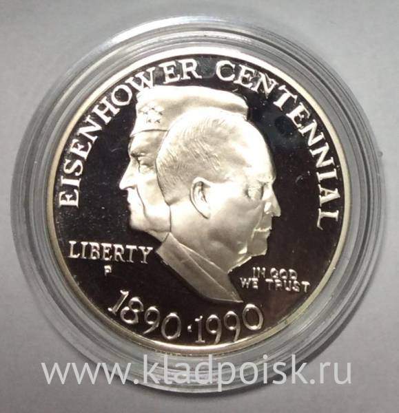 Монета 1 доллар США 1990 года, 100 лет со дня рождения Эйзенхауэра, Серебро 900 пробы, пруф Монета 1 доллар США 1990 года, 100 лет со дня рождения Эйзенхауэра, Серебро 900 пробы, пруф