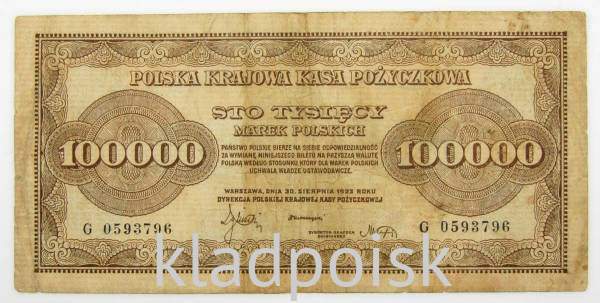 Банкнота 100000 марок польских 1923 года Польша