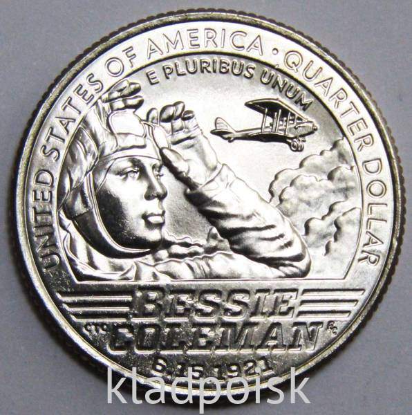 Монета 25 центов США Бесси Колман из серии «Американские женщины» (2023) D Монета 25 центов США Бесси Колман из серии «Американские женщины» (2023) D