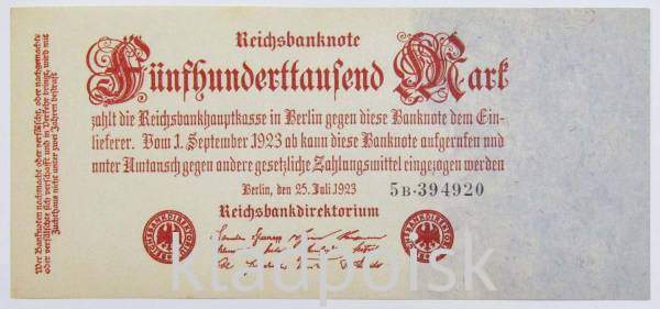 Банкнота 500 000 марок 1923 года - Веймарская Республика, арт 2 Банкнота 500 000 марок 1923 года - Веймарская Республика, арт 2