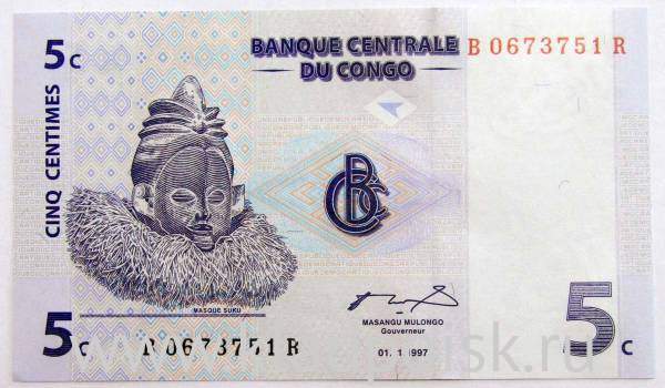 Банкнота Конго 5 сантимов 1997 года Банкнота Конго 5 сантимов 1997 года