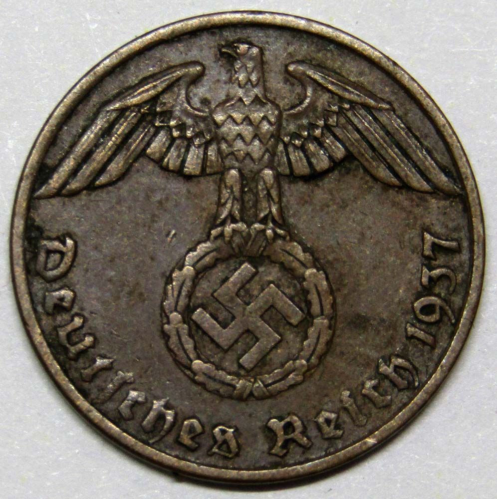Сколько стоит фашистская монета. Рейхспфенниг 1937. 1 Рейхспфенниг. Монеты германского рейха 1933-1945 гг. Монета 3 рейха 1937.