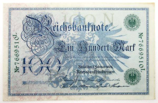 Банкнота 100 марок 1908 года Германия Банкнота 100 марок 1908 года Германия