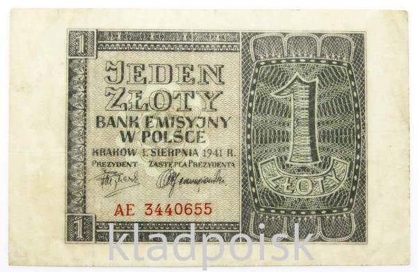Банкнота 1 злотый 1941 года Польша