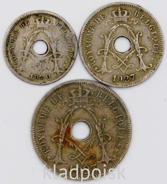 Набор монет Бельгии 1920-1930 гг., 3 монеты, ROYAUME DE BELGIQUE