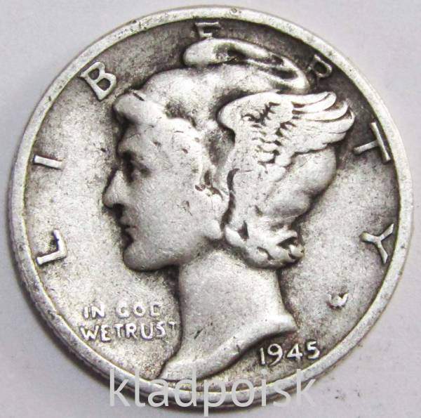 Монета 1 дайм (10 центов) США 1945 Серебро 900 пробы