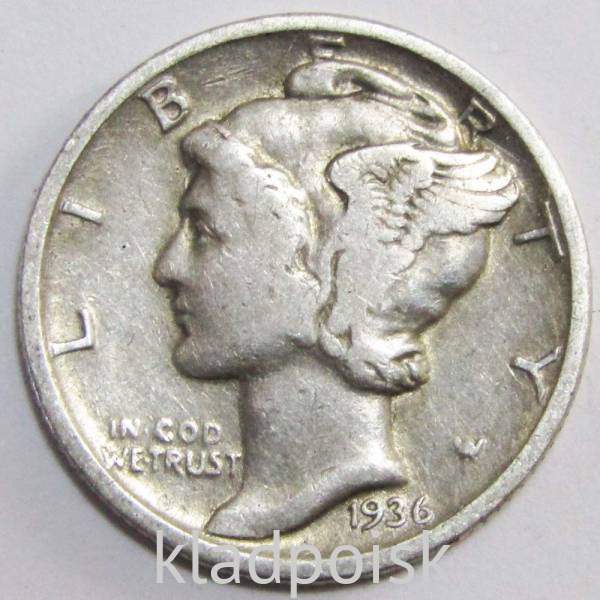 Монета 1 дайм (10 центов) США 1936 Серебро 900 пробы Монета 1 дайм (10 центов) США 1936 Серебро 900 пробы