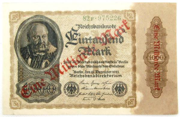 Банкнота 1 миллиард марок на 1000 марок 1922 года - Веймарская Республика Банкнота 1 миллиард марок на 1000 марок 1922 года - Веймарская Республика
