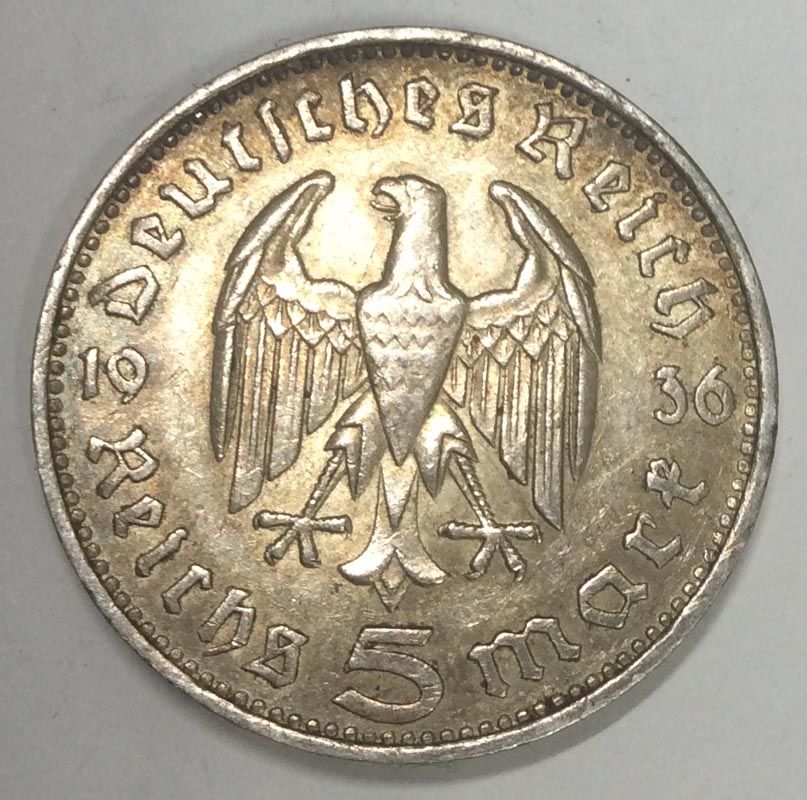 Монета 5 рейхсмарок Третий Рейх Германия 1936 (F) без свастики купить в ...